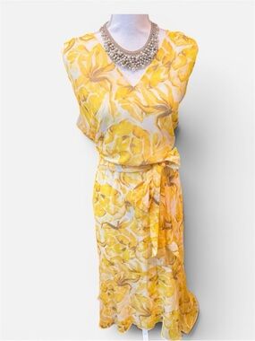 White House Black Market Yellow Floral Sleeveless Tie-Waist Midi Dress XL